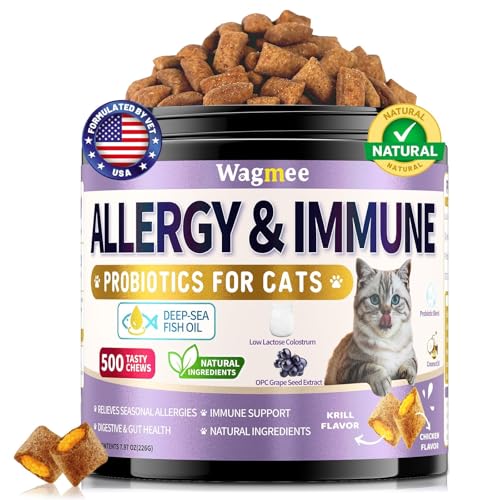 Cat Allergy Relief for Cats with Probiotics & Fish Oil - 500 Crunchy & Creamy Chews for Itchy Skin, Seasonal Allergies, Immune, Skin & Coat Support - with Omega 3 for All Breeds & Ages - Krill Flavor