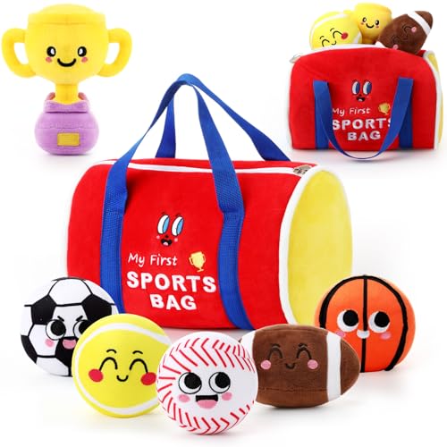 Image of HyDren 7 Pcs My First Sports Bag Plush Toys Playset, Bulit-in Bell Sports Balls and Trophy for Kids Throwing Toys Gift for Boys Girls Early Education