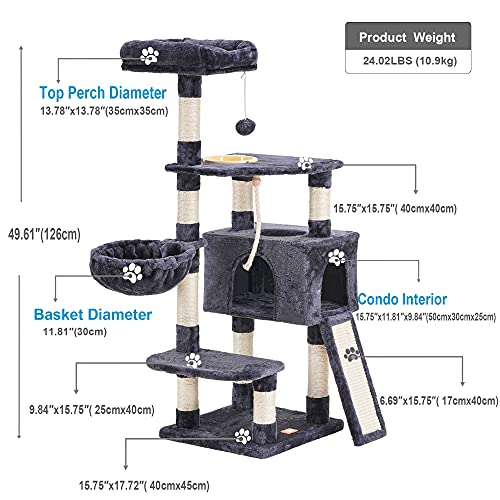 Heybly Cat Tree Cat Tower for Indoor Cats Multi-Level Cat Furniture Condo with Feeding Bowl and Scratching Board Smoky… - Image 5