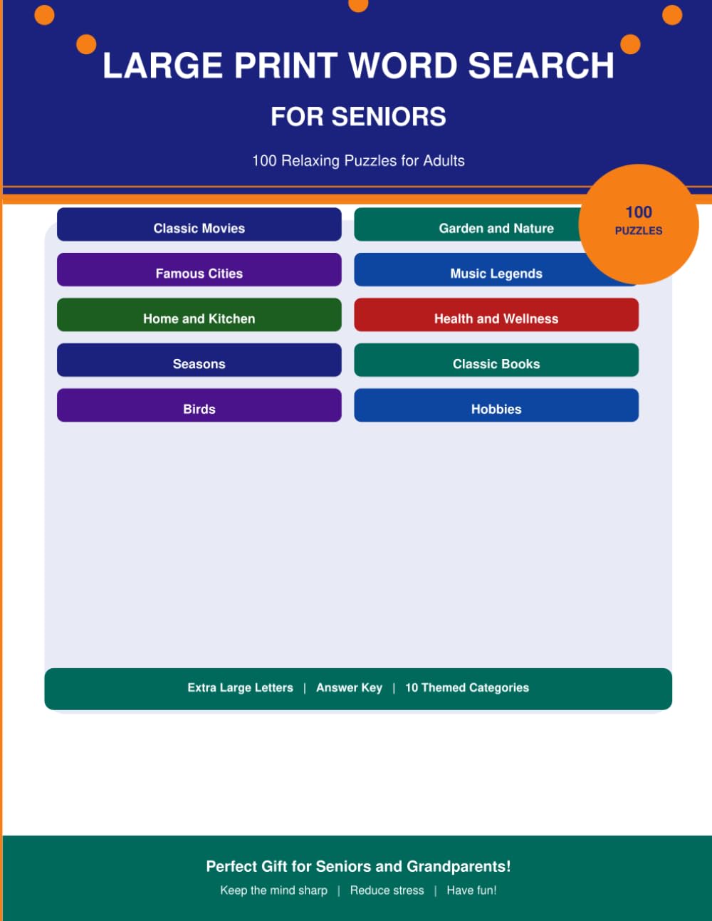 Large Print Word Search for Seniors: 100 Relaxing Puzzles with Classic Movies, Music, Nature, Birds and More