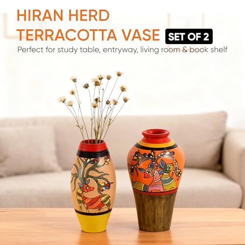 Image of Aakriti Art Creations Herd of Deers Terracotta Vase Set of 2 | Handmade Matte Multicolor Madhubani Art Terracotta Decorative Vases | Flower Vase, Planters for Home Decor, Table Decoration Items