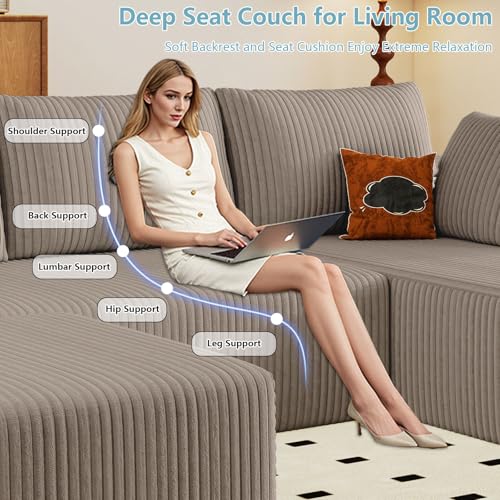 Image of 96 inch W Cloud Sectional Couch with Ottoman,Modern U-Shaped Cloud Couch with Deep Seat,Comfy Corduroy Sofa,Memory Foam Sofa for Living Room,No Assembly (Camel,Right-Facing Chaise)