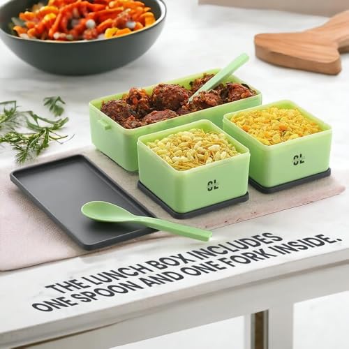 Image of Double Decker Lunch Box 1.4L | 3-in-1 Compartment Tiffin Box with 3 Detachable Containers & 2 Spoons | BPA Free Airtight & Leakproof Lunch Box for School, Office & Outdoor - Multicolor