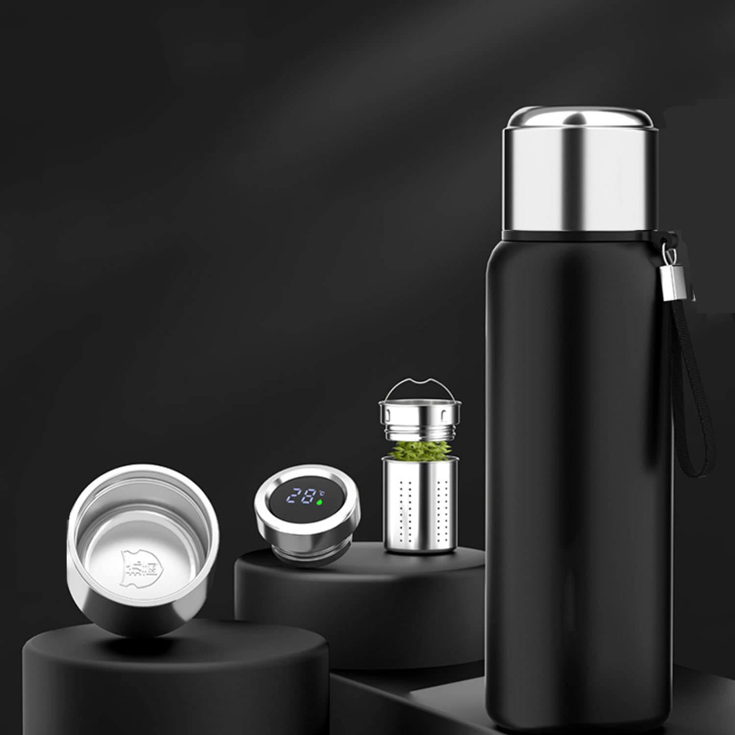 Intelligente Thermoskanne mit großem Fassungsvermögen, Edelstahl-Wasserbecher für Herren, Autobecher, tragbarer Wasserkocher, Kaffeetasse im Freien, schwarz Smart, 1500 ml