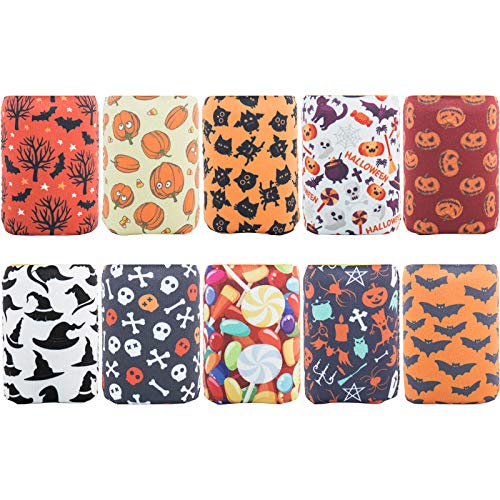 HaiMay 10 Pieces Halloween Beer Can Sleeves Beer Can Coolers Neoprene Drink Cooler Sleeves for Cans and Bottles, Festival Styles