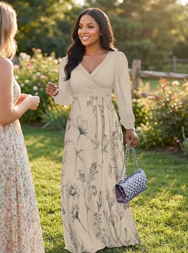 Image of PinkPatty Women's Long Sleeve Maxi Dress Plus Size Trendy Wedding Guest Wrap Dress with Pockets&Belt