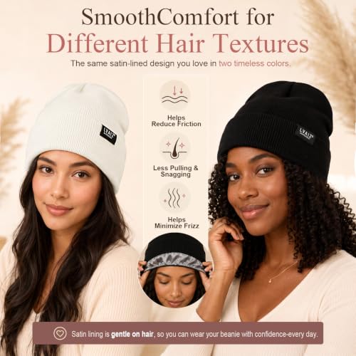 Image of 2 Pack Satin Lined Beanies for Men and Women Warm Cuffed Winter Hats | 60% cotton and 40% acrylic knit with smooth satin lining, stretch fit, cuffed ear coverage, and two-hat value for winter wear