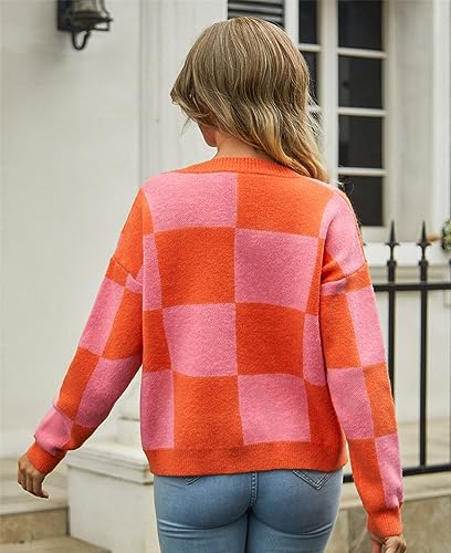 Image of Womens Color Block Plaid Button Down Cardigan Long Sleeve Cable Knit Checkered Sweaters Tops Y2k Aesthetic Clothes