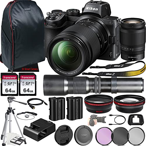 Nikon Z5 Mirrorless Camera w/NIKKOR Z 24-200mm f/4-6.3 VR Lens + 500mm f/8 Focus Lens + Tripod + 128GB Memory + Case + Filter Kit + More (35pc Bundle)