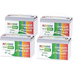 Redodo 12V 100Ah LiFePO4 batería (4 Pack), baterías recargables de litio, construido en 100A BMS, Solar Home, Trolling Motor, Marina, Barco, etc.