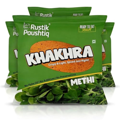 Image of RUSTIK PAUSHTIQ Methi Khakhra - 200g Each | Whole Wheat Crispy Snacks | Roasted Khakhra | No Palm Oil | Ready to Eat Tea Time Snack | Namkeen With Natural Ingredients (Pack of 4)