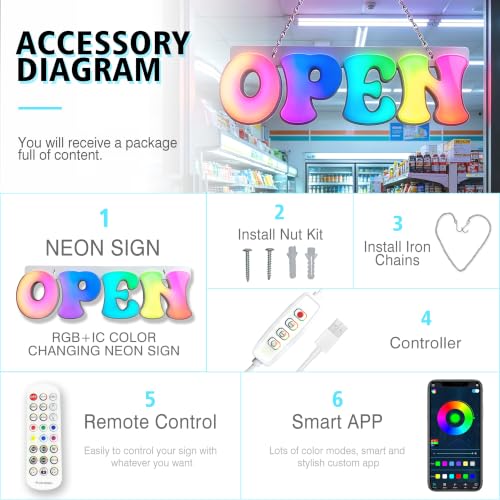 Image of Colorful Open Signs for Business,USB Powered,Smart App & Remote,Store Decor