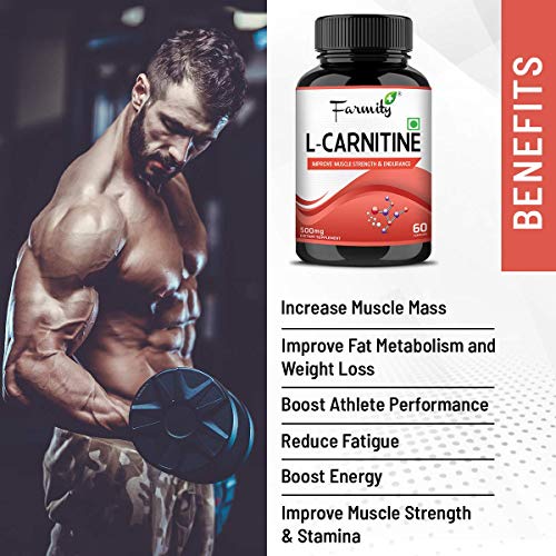 Image of Farmity L- Carnitine L- Tartrate 500mg Capsule- 60 Capsules Fat Burner Pre-Workout Muscle Recovery and Performance Enhancement Supplement Rich in Amino Acids