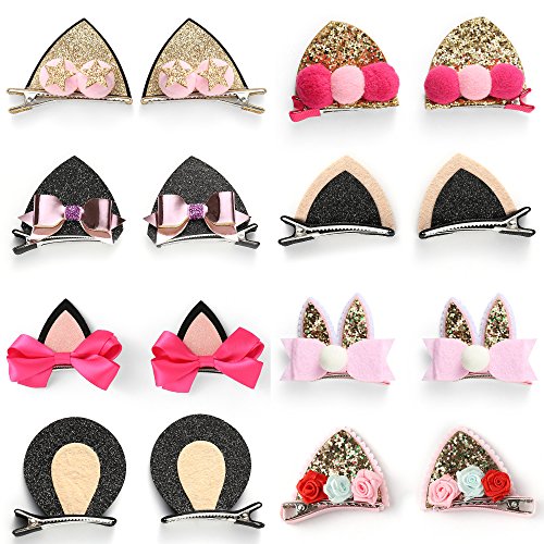OneDor Sparkle Shiny Sequin Animal ear Hair Bow Ribbon Clip sets for Babies, Toddlers, Young Girls, and Children (8 Pairs)