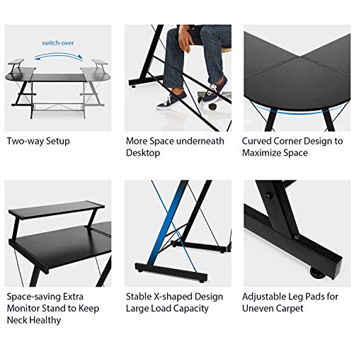 SIMBR L-Shaped Desk 58.4” Computer Desk, Corner Gaming Desk with Shelf, Home Office Desk Space-Saving Study Table Writing Workstation, Easy to Assemble, Black