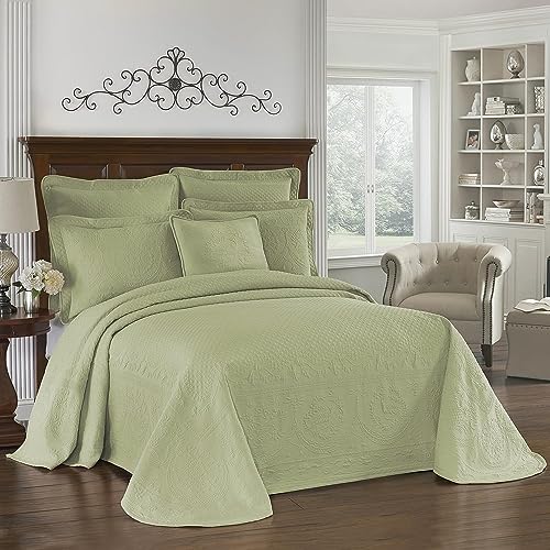 King Charles Modern Farmhouse Floral Matelasse Bedspread, 100% Cotton Breathable Bedding, Full/Queen, Sage