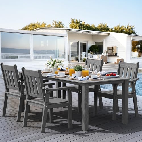Image of YEFU HIPS Patio Table Set: 5 Piece Outdoor Table and Chairs Dining Furniture Set with Umbrella Hole - Gray Modern Plastic Dining Sets 4 Person for Outside Deck with Metal Aluminum Frame