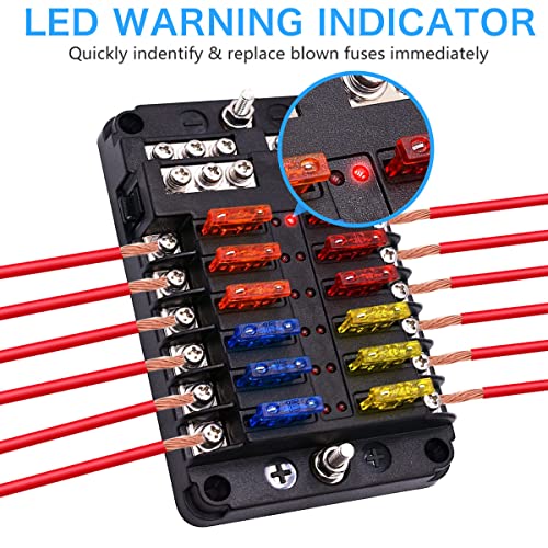 Image of 12 Way 12V Fuse Box 12Volt Blade Fuse Block Holder, 12 Circuit W /Negative Bus Waterproof Fuse Box with LED Indicator for 12V /24V Automotive Golf Cart Truck Car Boat Marine RV Van Vehicle