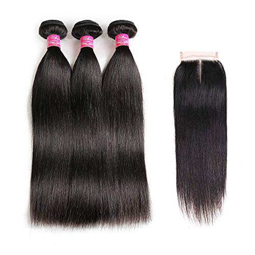 Brazilian Virgin Hair Straight 3 Bundles with Closure Natural Black 8A 100% Unprocessed Brazilian Straight Human Hair Weft with Lace Closure (10 12 14+10" Middle Part)