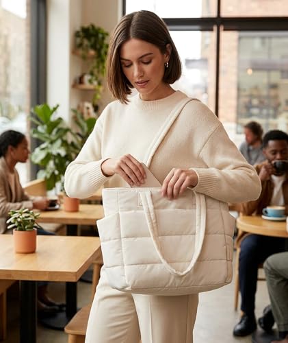 Image of Tote Bag for Women, Lightweight Puffy Quilted Shoulder Bag