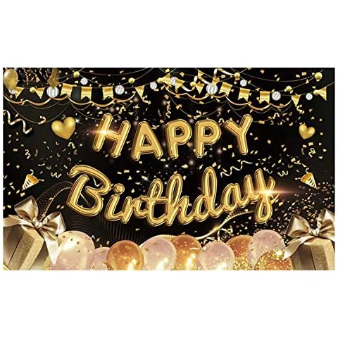 Happy Birthday Banner Black Gold Happy Birthday Backdrop Party Decorations Supplies for Women Men Children Girl Boy Cover