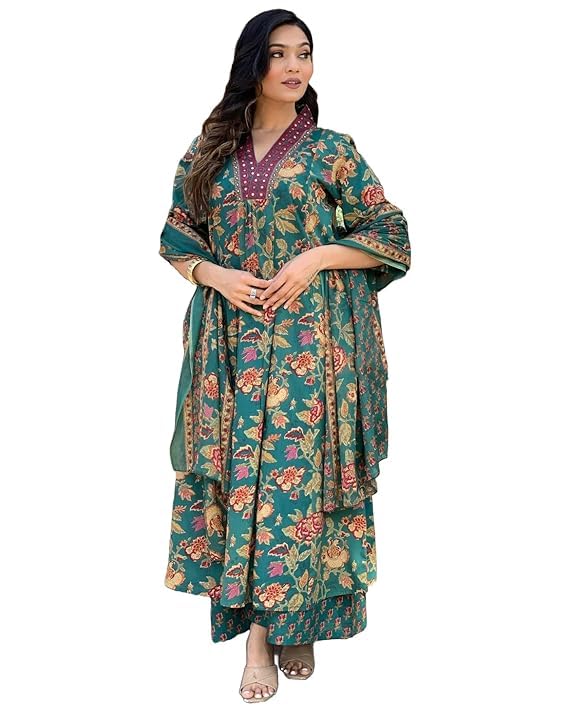 MEERA FAB Women's Cotton Blend Anarkali Printed Kurta with Palazzo & Dupatta