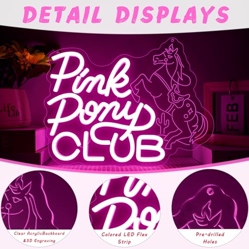 Image of Pink Pony Neon Sign Large LED Music Lover Neon Light Pink Bedroom Cowgirl Western Wall Art Music Room Man Cave Decor for Midwest Princess Gift Singer Fans Gifts(15.7 * 12inch)