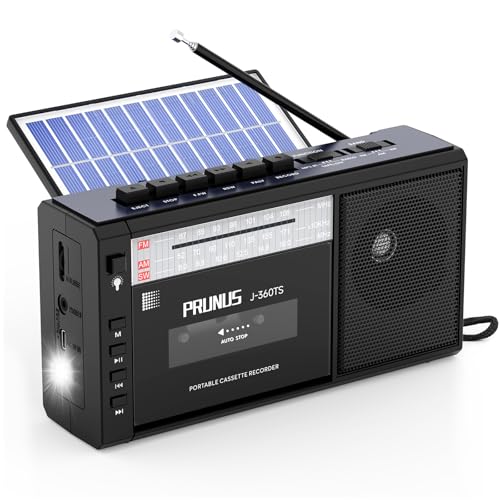 Image of PRUNUS J-360TS Cassette Tape Player Boombox with Bluetooth, Tape Recorder Player, MW AM FM Portable Radio,Solar /Battery Operated /Rechargeable,AUX /microSD /USB Drive, Flashlight, Headphone Jack, Gift
