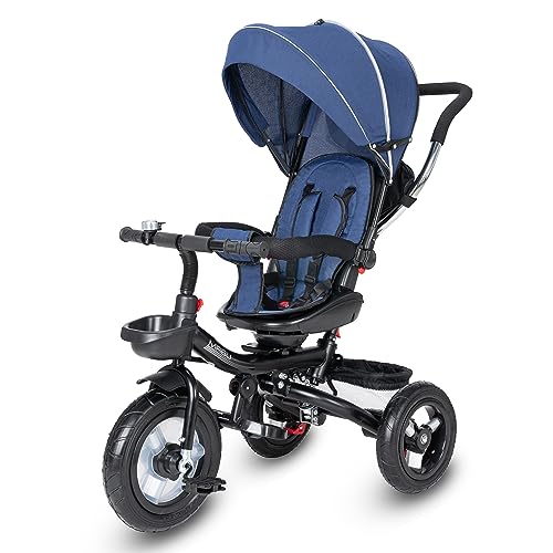 ib style Mabu 7in1 Dreirad ab 6 Monate, Kinderdreirad mit Schubstange, Drehbarer Sitz, Sonnenschutz, Blau