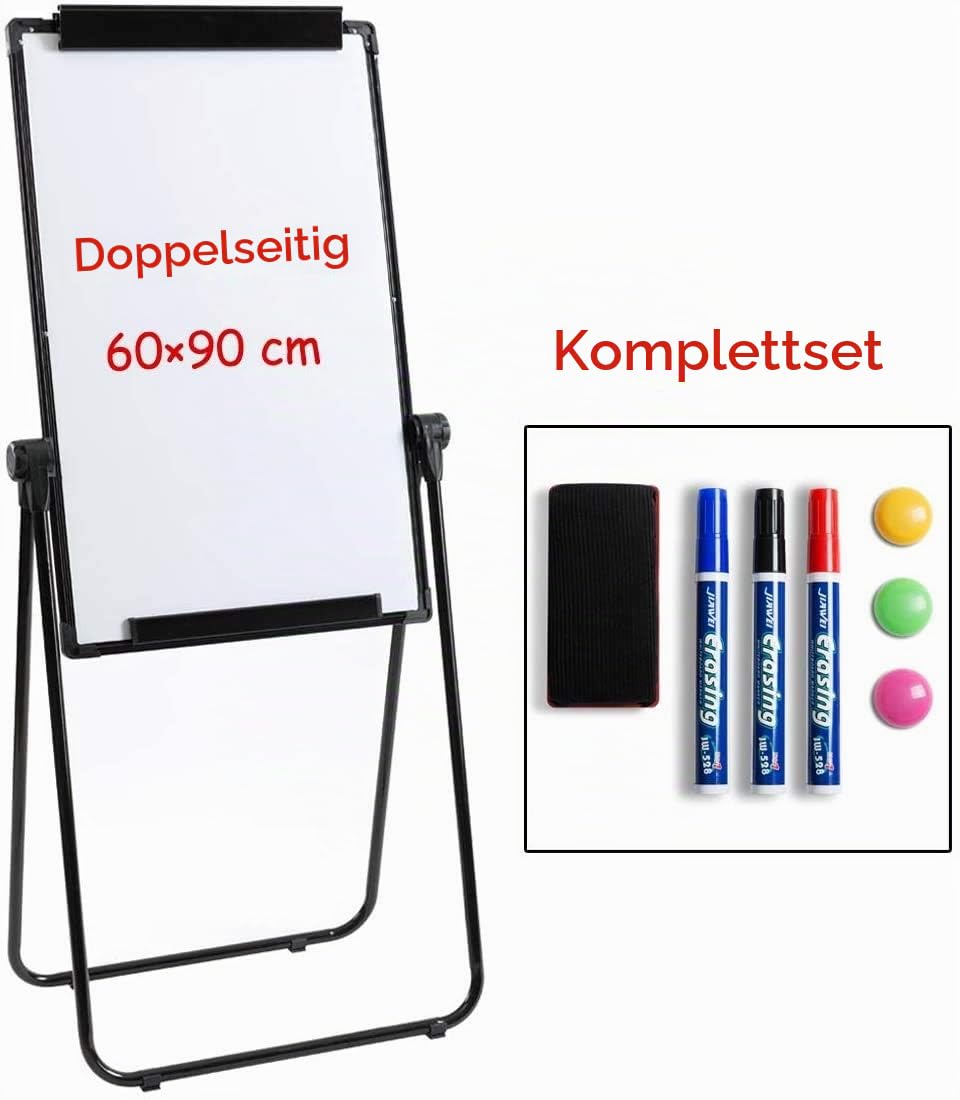 Supfine Whiteboard Höhenverstellbares, Flipchart Whiteboard-Stativ, Beidseitig Erhältlich, Staffelei Standtafel Flip Chart 90 * 60cm