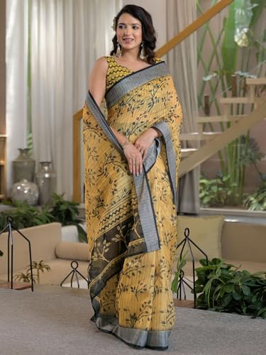 Image of Satrani Women's Linen Printed & Embroidery Ready To Wear Saree with Unstitched Blouse Piece