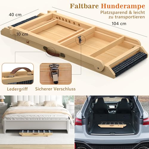 Hunderampe aus Holz, verstellbare Rampe Hund für Sofa, Bett oder Auto, 7-stufig höhenverstellbar 28–68 cm, tragbar, rutschfeste Hundetreppe mit Teppich, ideal für kleine und ältere Hunde, bis 90 kg