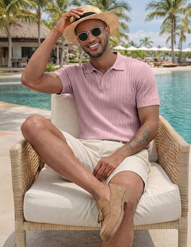 Image of JMIERR Mens Casual Polo Shirt Summer Short Sleeve Vacation Button Beach Knit Stretchy Golf Shirts