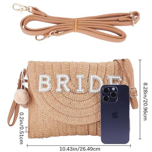 Image of GORGECFAFT Bride Straw Shoulder Bag Woven Clutch Bag Summer Beach Crossbody Handbags with Two Balls Woven Rhinestone Wedding Vacation Purse Honeymoon Bridal Shower Gift for Bride Party Honeymoon