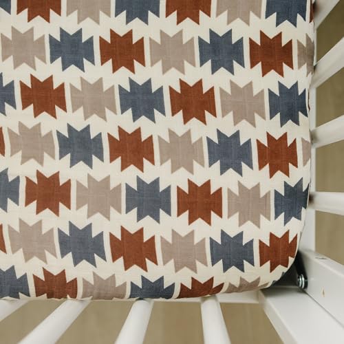 Image of Western Aztec Muslin Crib Sheet by Mebie Baby, Soft and Breathable Bed Sheets for Babies, Modern Neutral Bedding for Cribs, Standard Crib Mattress Fitted Sheet, Great for Boy or Girl Room or Nursery