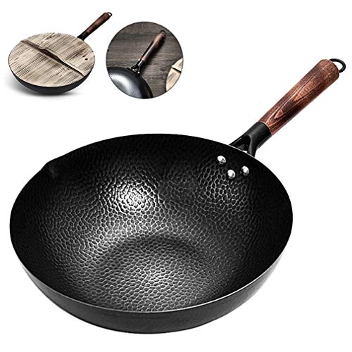 Chinesische handgehämmerte Eisen-Woks und Pfannenpfannen Holzgriff, Antihaft-Woks mit ergonomischem Griff, für Elektroherd, Induktionsherd
