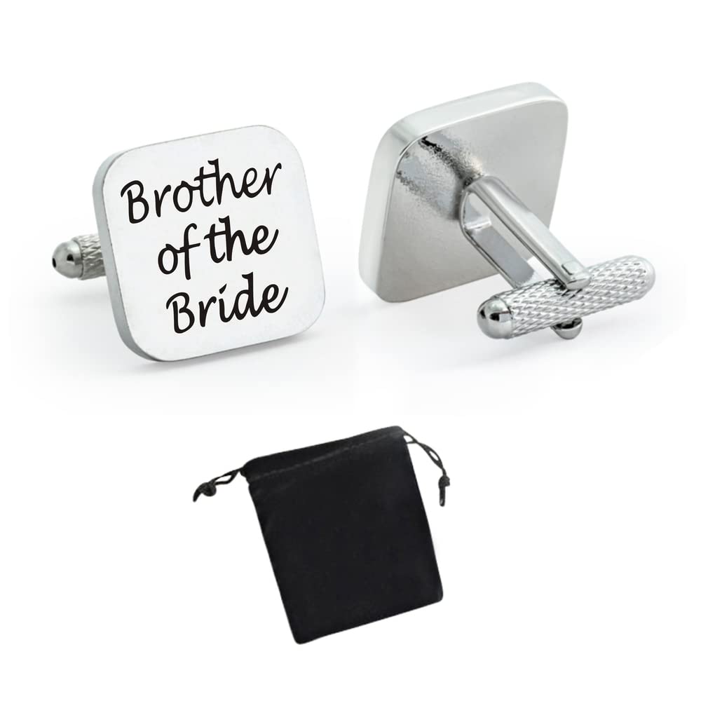 Virens Empourium Men's Silver + Black Printing Title - Cufflinks, Square Silver Wedding Cuff Links, Smart And Elegant Look, Best Man, Groom, Usher, Page Boy, Dad, Brother, And More Cufflink Titles (Brother Of The Bride)