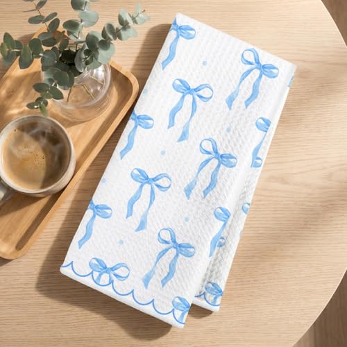 Image of Hanamiya Na 2 Pcs Coquette Bow Hand Towels 24x14 Inch, Cute Preppy Decorative Bath Dish Towel Waffle Weave Hand Cloth Tea Towel for Home Kitchen Bathroom Decor (Blue)
