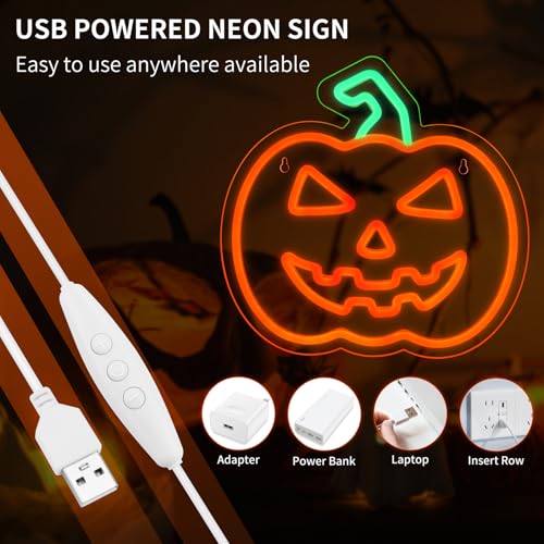 Image of MissAudrey Halloween Light Up Pumpkin Neon Sign, Neon Sign Halloween Window Hanging Lights, Green Orange Acrylic Thanksgiving Art Wall Fall Decor for Home Bedroom Bar Pub Club Party，5V USB Powered