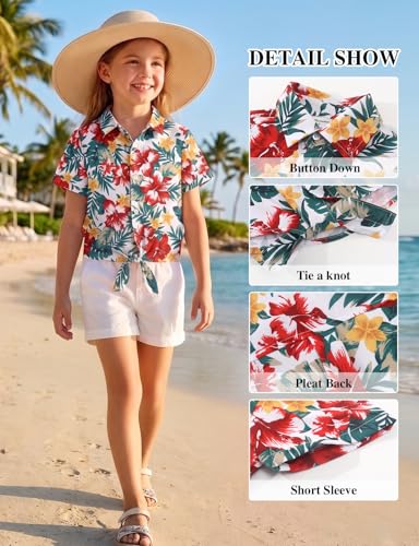 Image of Noomelfish Girls Tie Front Hawaiian Shirt Summer Floral Tropic Short Sleeve Button Down Tops (5-14 Years)