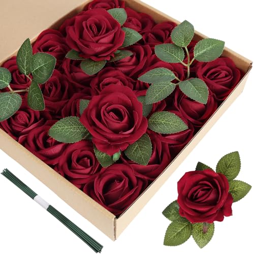 ICBOX Red Artificial Roses 25PCS Red Velvet Roses Artificial Flowers Real Look Silk Flowers with Stems for DIY Wedding Party Baby Shower Home Decoration(Red)