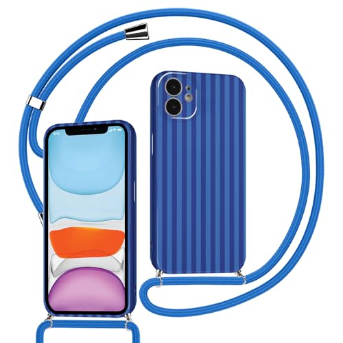 Kueqeay Handyband für iPhone 11 Hülle mit Band Kette Aesthetic Sommer Blau Gestreift Striped Motiv Verstellbarer Halskette Handyhülle mit Kordel zum umhängen Silikon Stoßfest Schutzhülle 04