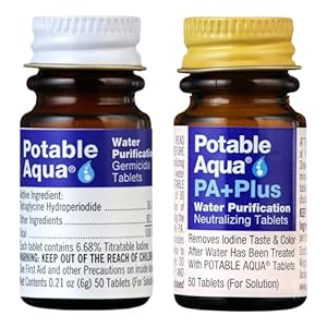 Potable Aqua Water Purification Tablets with PA Plus, Portable and Effective Solution for Camping, Hiking, Emergencies, Natural Disasters and International Travel, Two 50ct Bottles