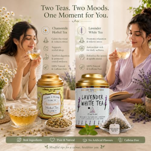 Image of Sancha Tea Boutique, Combo Pack: Chamomile Herbal Tisane (50g) & Lavender White (25 Pyramid Bags), Pure Silver Needle Leaves, Calming & Relaxing Floral Infusions
