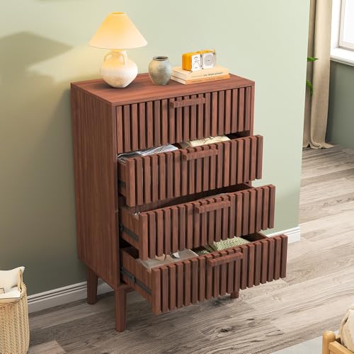 BIYFSDS Kommode mit 4 Schubladen aus Holz, Vintage-Aufbewahrungsmöbel mit Griff und Beinen aus Massivholz, Schlafzimmerkommode mit Kippschutz, hohe Kommoden aus Holz (Walnuss, 60 x 34 x 91)