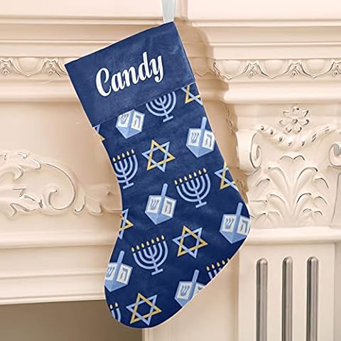 CUXWEOT Cute Hanukkah Pattern Christmas Stockings with Name Custom Xmas Gift Family Tree Fleece Holiday Decoration Gift 17.52 x 7.87 Inch Cover