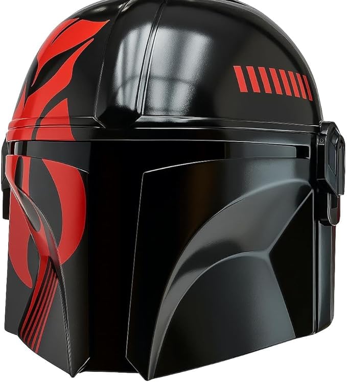 LEO AZEX Mandalorian Helmet Metal Adult Armor Helmet Red and Black Pattern Face Head Mask with Liner and Chin Strap for LARP Cosplay Role Halloween Armor Gift