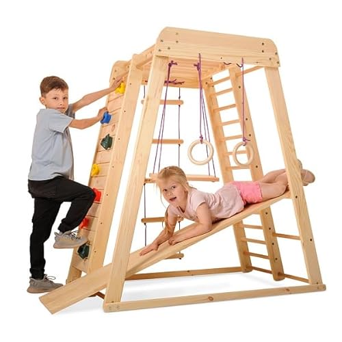 Sportbaby Natural Playground With Slide "Babystar Mini" Children At Home Wooden Climbing Net Rings Climbing Wall