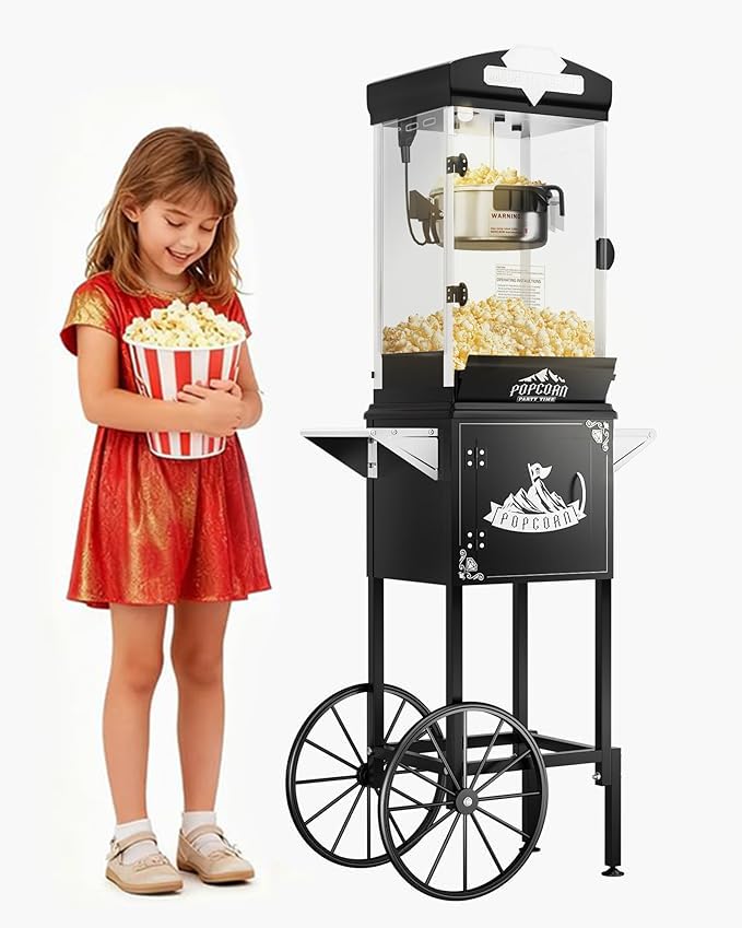 Image of 10 oz Popcorn Machine with Cart, Pop Corn Maker Machine with Wheel&Stainless-Steel Kettle Makes Up to 40 Cups, Vintage Movie Theater Style Popcorn Machine with Tilting pot, Black