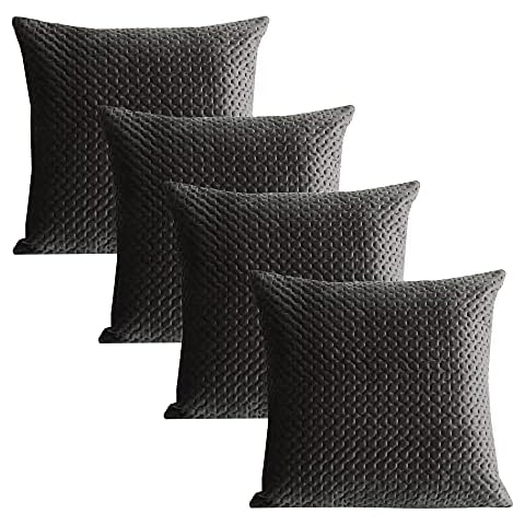Adam Home Pack of 4 Soft Decorative Quilted Velvet Dark Grey Cushion Covers 18x18 Approx - Square Throw Sofa Cushion Cover for Living Room with Invisible Zipper Cover